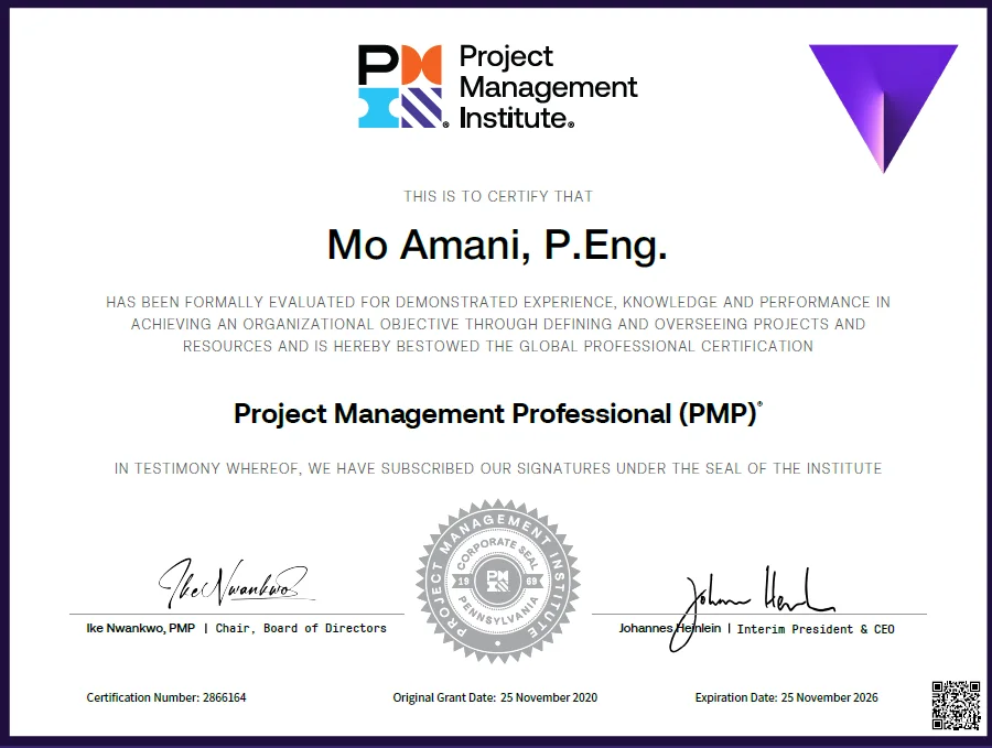 سرتیفیکیت PMP مهندس امانی، صادرشده توسط PMI